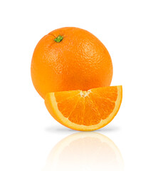 Orange whole and half isolated on white background. Reflection.