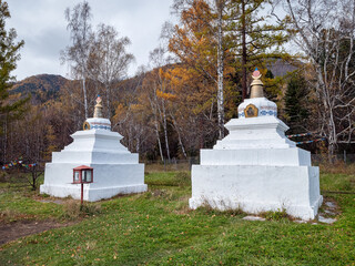 Eastern Sayans, Buryatia. Buddhist stupa in the courtyard of Bodhidharma Datsan in Arshan...