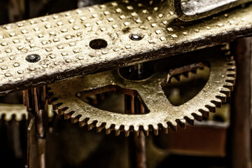 Vintage watch machine macro detail. Close up of old clock.