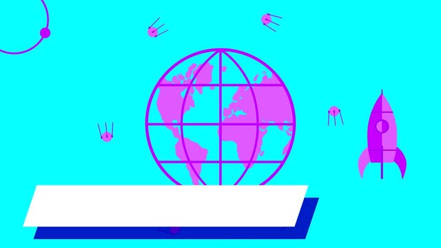 Looped animation of drawings with a theme of space with a globe and a satellite on a blue background. Flat illustration with movement on the surface. White space for copy, lettering and text.