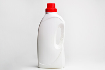 White plastic bottle for liquid laundry detergent, cleaning agent, bleach or fabric softener. Package mockup.