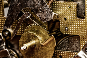 Vintage watch machine macro detail. Close up of old clock.