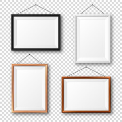 Realistic black, white and wooden picture frames with shadow on checkered background. Hanging on a wall blank poster mockup. Empty photo frame. Vector illustration.