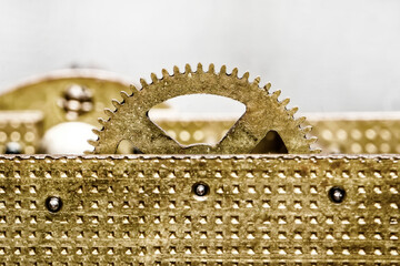Vintage watch machine macro detail. Close up of old clock.