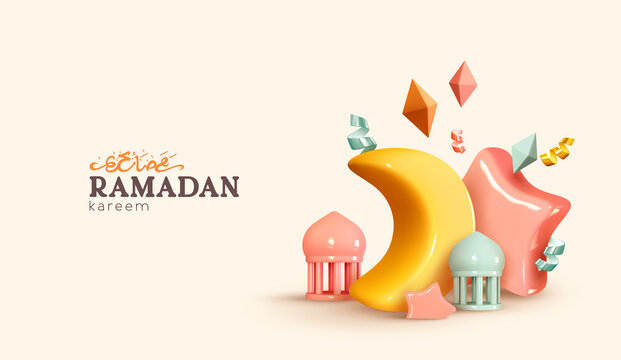 Ramadan Kareem holiday background. Celebrate Ramadan Holy month in Islam. Realistic design with 3d object. Festive banner, poster, flyer, stylish brochure, greeting card, cover. Vector illustration