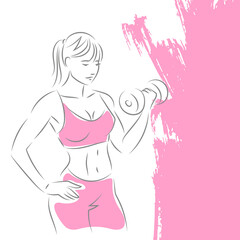 Fitness woman doing exercise with dumbbells.. Outlines of a girl silhouette. Hand-drawn vector outline illustration. Isolated on white.