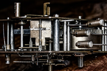 Vintage watch machine macro detail. Close up of old clock.