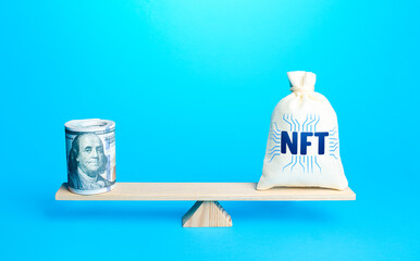 Bag with NFT non-fungible token and a bundle of dollars on scales. Sell digital assets of art...