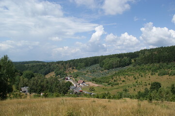 Mountain village landscape in Pstrążna in Poland
