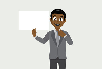African businessman showing blank white poster and pointing finger.