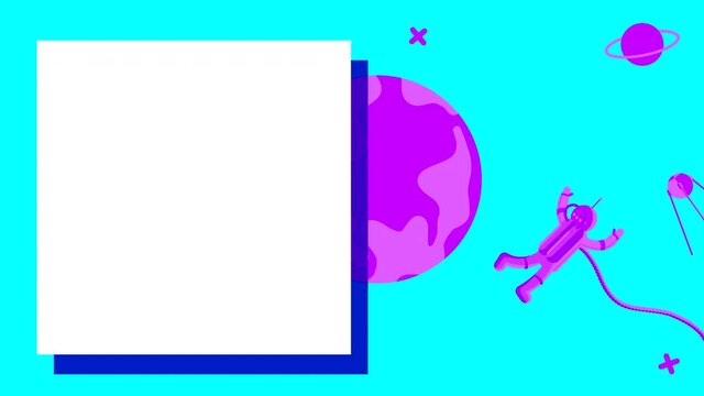 Looped animation of drawings with a theme of space with a globe and a satellite on a blue background. Flat illustration with movement on the surface. White space for copy, lettering and text.