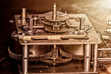 Obraz na płótnie Canvas Vintage watch machine macro detail. Close up of old clock.
