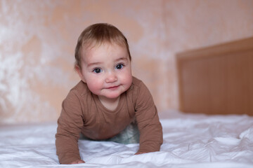Fototapeta premium Cute baby crawling on the bed. Calm and natural brown color