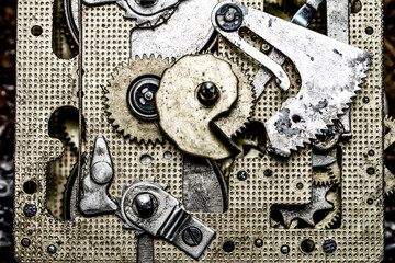 Vintage watch machine macro detail. Close up of old clock.