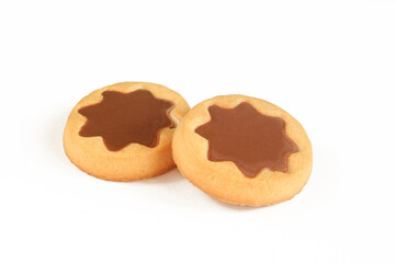 Two cookies filed with chocolate isolated on white background. Star shape filling