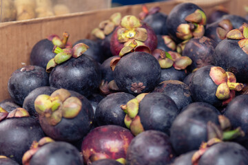 Mangosteen tropical fruit at market stall in Kuala Lumpur in Malaysia. Fresh fruit for sale at Asian market. Bokeh effect, low light photograph. Evergreen tree.