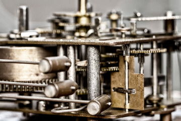 Vintage watch machine macro detail. Close up of old clock.