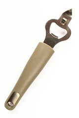 Single bottle opener with plastic handle isolated on white background