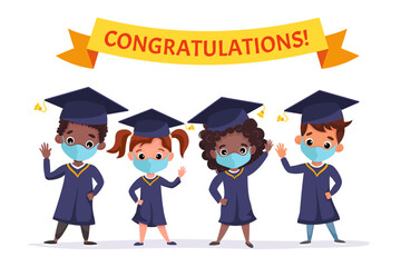 Happy graduated children wearing medical masks, academic gown and cap. Multicultural kids celebrating Kindergarten graduation together. Flat cartoon vector illustration.
