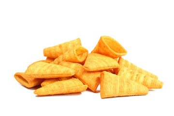 Portion of cone shaped snack isolated on white background. Tornado shaped crackers
