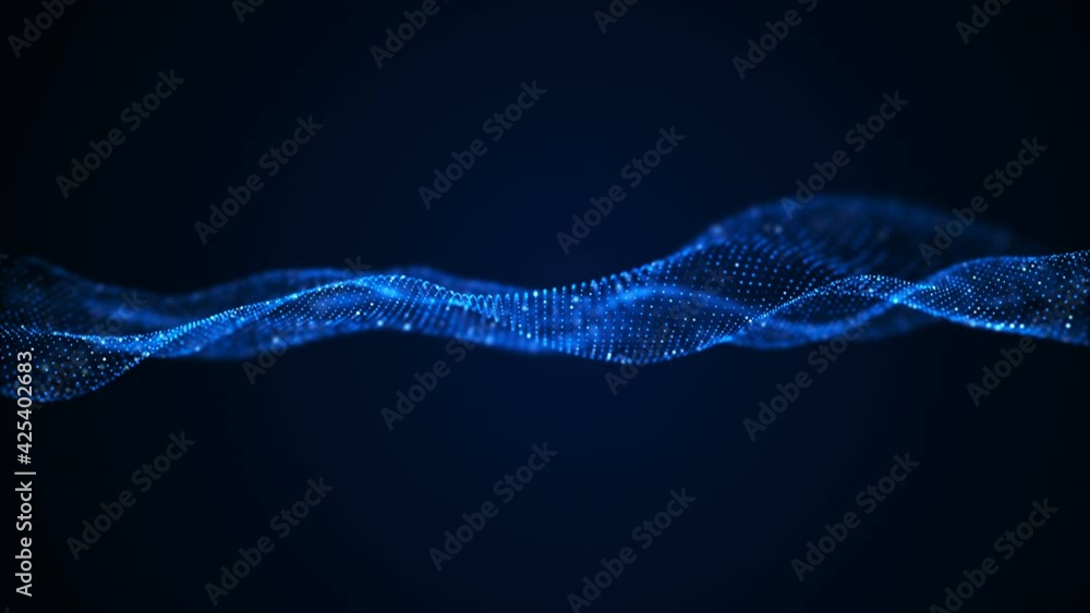 Poster abstract particle wave form animation on blue background. 4k motion graphic screen saver seamless lo