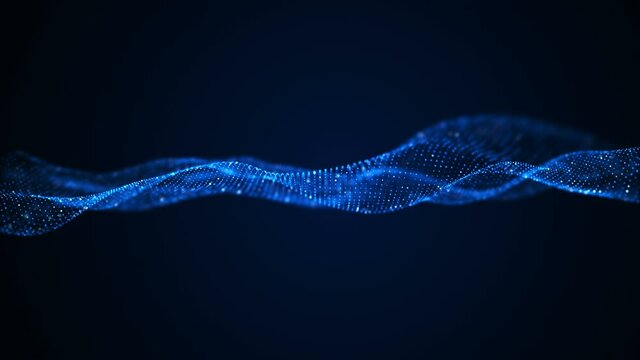 Abstract particle wave form animation on blue background. 4K motion graphic screen saver seamless loop.