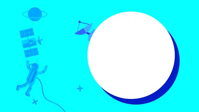 Looped animation of drawings with a theme of space with a globe and a satellite on a blue background. Flat illustration with movement on the surface. White space for copy, lettering and text.