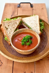 Tasty comfort meal soup and sandwich for cool blustery spring day. Food background, photo concept,...