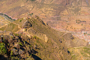 Aerial landscape of the Inca ruins of Pisac, Cusco, Peru. - obrazy, fototapety, plakaty