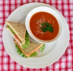 Tasty comfort meal soup and sandwich for cool blustery spring day. Food background, photo concept, healthy lifestyle eating. 