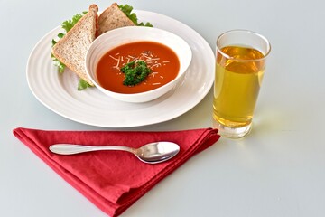 Tasty comfort meal soup and sandwich for cool blustery spring day. Food background, photo concept, healthy lifestyle eating. 