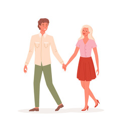 Couple people walk, holding hands on date, happy cute loving pair of man woman dating