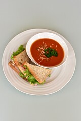 Tasty comfort meal soup and sandwich for cool blustery spring day. Food background, photo concept, healthy lifestyle eating. 