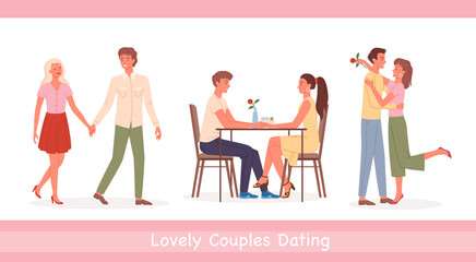 Couple people meet on date vector illustration. Cartoon happy loving pairs of men women characters sitting at table in cafe together and holding hands, romantic datings and love scenes isolated set.