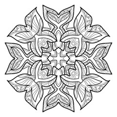 Vintage floral mandala with wavy patterns on a white isolated background. For coloring book pages.