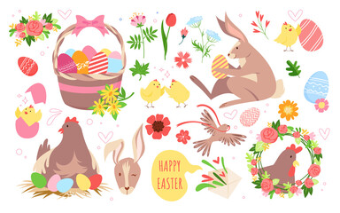 Cartoon funny spring collection with bunny animal, hen in nest, basket with eggs and chickens, garden flowers in easter wreath holiday greeting isolated on white. Cute easter vector illustration set.