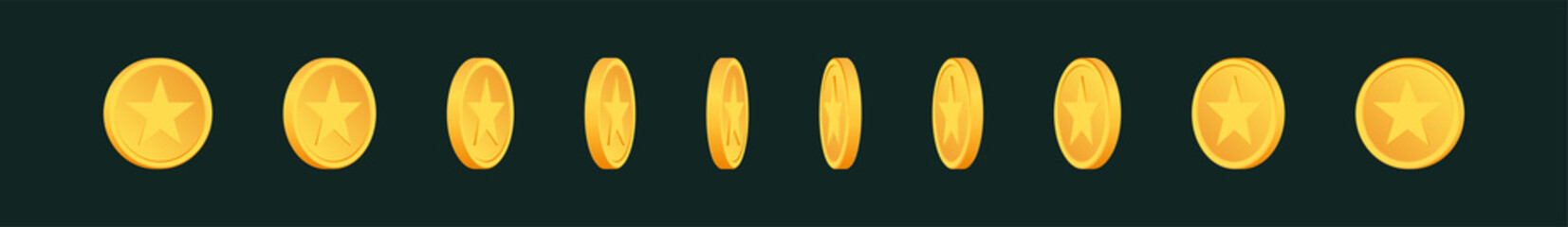 Set of rotating gold coins with star sign.