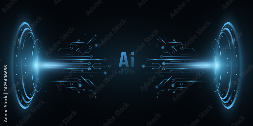 Poster artificial intelligence background. blue hud elements. computer circuit board. glare and flare. high
