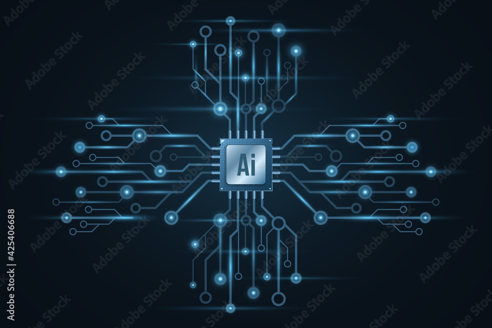 Poster cpu background. artificial intelligence. computer circuit board. high tech motherboard glow in the d