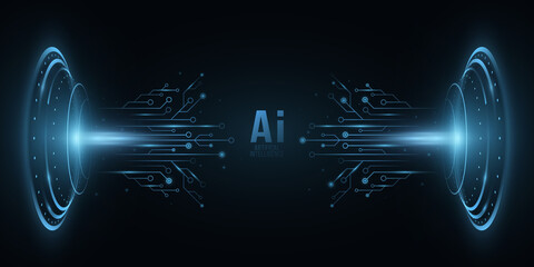Artificial intelligence background. Blue HUD elements. Computer circuit board. Glare and flare. High tech portal or hologram. Technology background. UI and sci-fi design. Vector illustration.