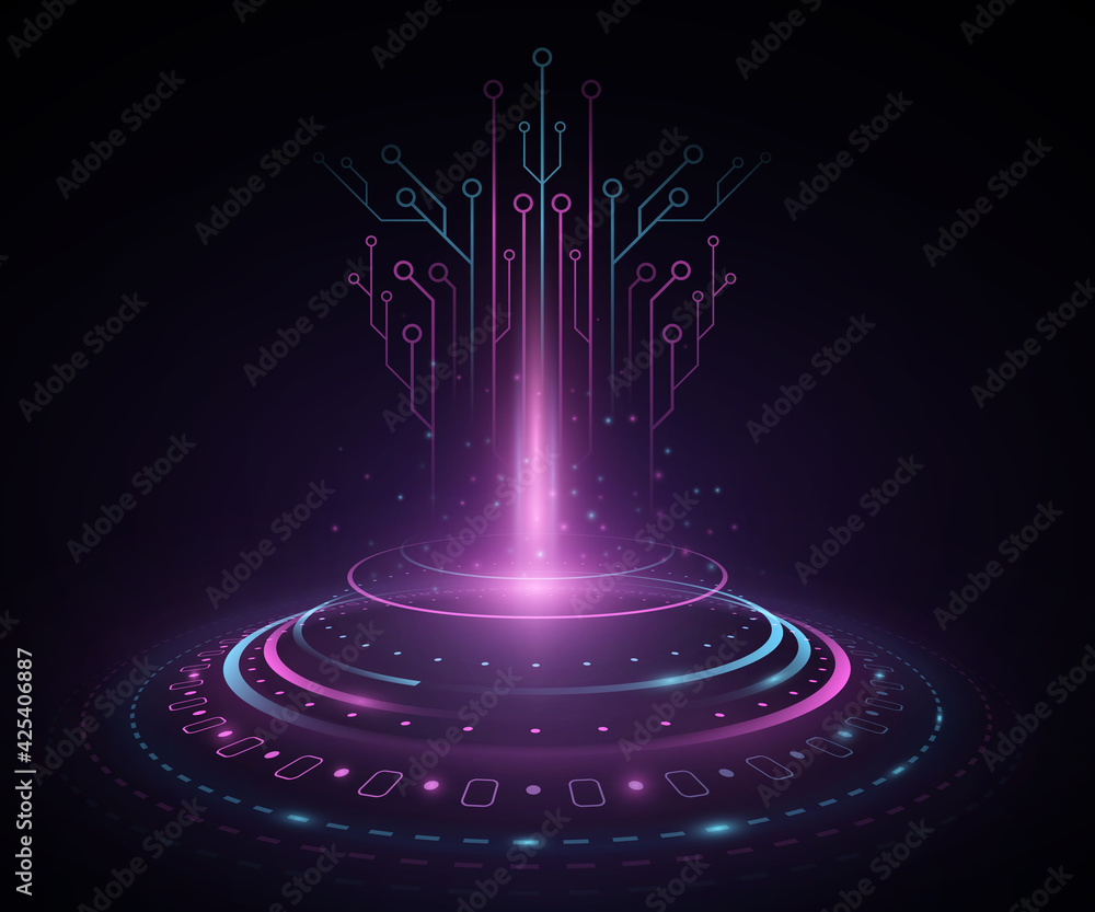 Poster futuristic hud interface. glowing computer circuit board. glare and flare. artificial intelligence. 