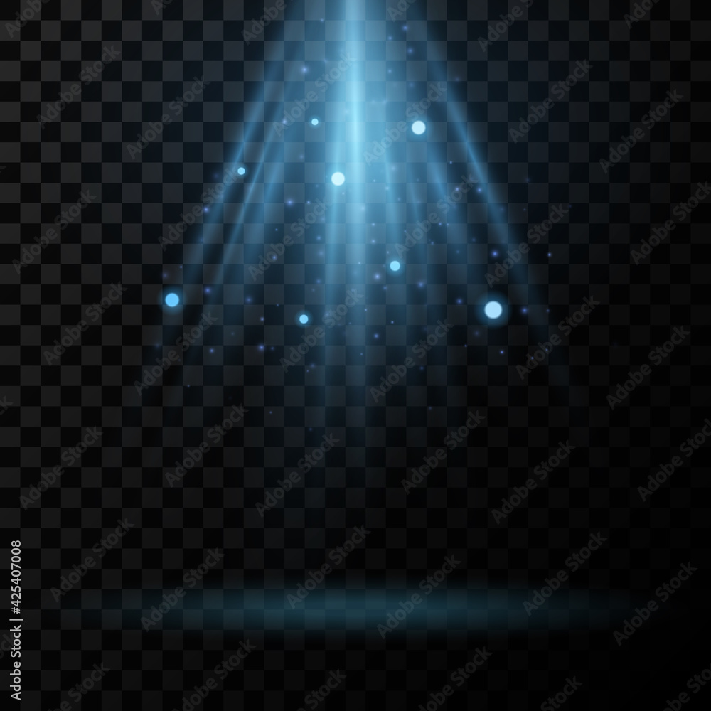 Poster abstract blue light effect with glitter on a transparent background. rays with glowing particles. gl