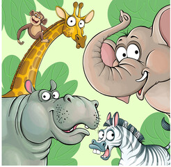 Vector illustration of funny cartoon animals on a green background. Colorful giraffe, elephant, hippo, monkey and zebra.