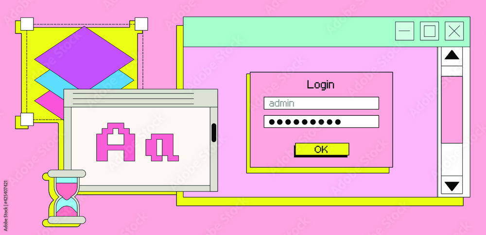 Poster Set of flat retrowave UI and UX elements: dialog box, tab, button, modal window.