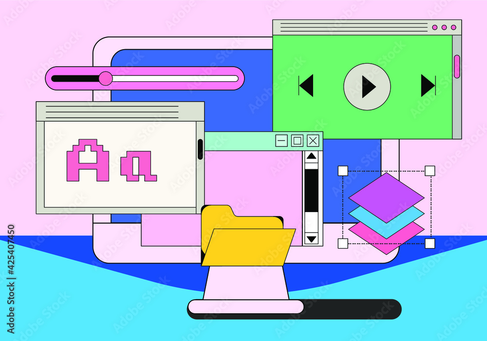 Poster Computer screen with programs and applications. Conceptual flat vector illustration of home office, UI and UX design and programming.