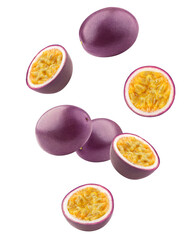 Falling passionfruit isolated on white background, clipping path, full depth of field