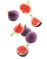 Falling fig isolated on white background, clipping path, full depth of field