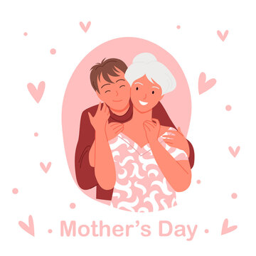 Mothers day concept, young happy boy son hugging old mother or grandmother with love