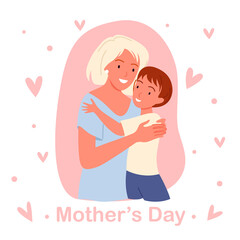 Cartoon young happy mom holding baby boy in hands with love, mother loving and hugging baby kid, pink greeting card poster template. Mothers day concept.