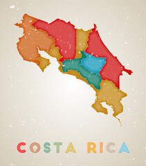 Costa Rica map. Country poster with colored regions. Old grunge texture. Vector illustration of Costa Rica with country name.